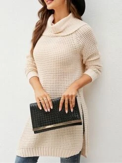 Women's Sweater Dress Winter Dress Jumper Dress Mini Dress Split Daily Date Going Out Active Fashion Turtleneck Long Sleeve 2023 Loose Fit Dark Blue Beige Color S M L XL Size -HANA Luxury Wear Shop kcuhqy1692857066076