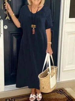 Women's Casual Dress Cotton Linen Dress A Line Dress Maxi Long Dress Cotton Blend Daily Classic Outdoor Daily Vacation V Neck Pocket Baggy Short Sleeve Summer Spring 2023 Loose Fit Red Blue Green -HANA Luxury Wear Shop kcxami1686730452953