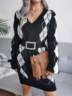 Women's Sweater Dress Winter Dress Jumper Dress Mini Dress Ruched Daily Date Going Out Active Fashion V Neck Long Sleeve 2023 Loose Fit Black White Sky Blue Color S M L Size -HANA Luxury Wear Shop kejnyk1692862227524
