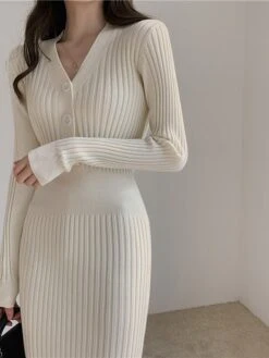 Women‘s Sweater Dress Winter Dress Sheath Dress Midi Dress Black White Green Long Sleeve Pure Color Button Fall Winter Autumn V Neck Stylish Winter Dress Fall Dress 2023 One-Size -HANA Luxury Wear Shop kgfnld1665656616890