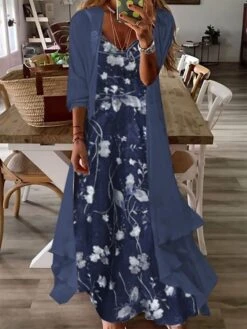 Women's Two Piece Dress Set Casual Dress Print Dress Outdoor Daily Fashion Casual Print Long Dress Maxi Dress V Neck 3/4 Length Sleeve Floral Regular Fit Pink Blue Sky Blue Summer Spring S M L XL XXL -HANA Luxury Wear Shop kgkzgk1688698698950