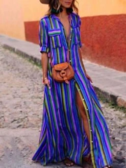 Women's Shirt Dress Casual Dress Swing Dress Maxi Long Dress Outdoor Daily Vacation Polyester Basic Casual Shirt Collar Pocket Split Half Sleeve Summer Spring 2023 Loose Fit Red Blue Purple Striped S -HANA Luxury Wear Shop kgzhpg1673848922534