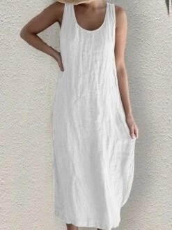 Women's Casual Dress Cotton Linen Dress Shift Dress Midi Dress Bamboo Modern Casual Daily U Neck Ruched Sleeveless Summer Spring 2023 Regular Fit Black White Pink Pure Color S M L XL 2XL -HANA Luxury Wear Shop khjbbb1682564078390