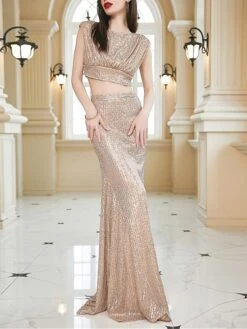 Women's Two Piece Dress Set Party Dress Skirt Set Party Wedding Guest Fashion Elegant Sequin Long Dress Maxi Dress Crew Neck Sleeveless Plain Regular Fit Apricot Summer Spring S M L XL -HANA Luxury Wear Shop khqkeb1690274869584
