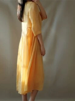 Women's Casual Dress Cotton Linen Dress Swing Dress Midi Dress Cotton Blend Basic Casual Outdoor Daily Vacation Crew Neck Ruched Pocket 3/4 Length Sleeve Summer Spring 2023 Loose Fit Yellow Gray Plain -HANA Luxury Wear Shop khsjwk1676368697224