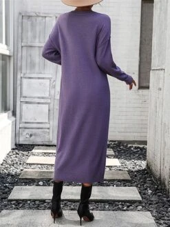 Women's Sweater Dress Winter Dress Jumper Dress Midi Dress Button Daily Date Going Out Fashion Basic Crew Neck Long Sleeve 2023 Loose Fit Black White Purple Color S M L XL Size -HANA Luxury Wear Shop khwohw1691991559487