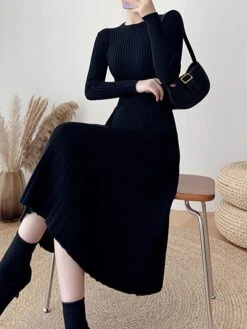 Women's Sweater Dress Jumper Dress Casual Dress Midi Dress Fashion Pure Color Outdoor Daily Going Out Crew Neck Long Sleeve 2023 Slim Black Blue Apricot One Size -HANA Luxury Wear Shop kiknjs1696670408026