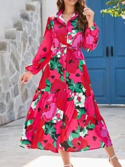 Women's Shirt Dress Casual Dress Midi Dress Outdoor Daily Vacation Polyester Fashion Modern Shirt Collar Button Split Long Sleeve Summer Spring Fall 2023 Loose Fit Red Floral S M L XL 2XL -HANA Luxury Wear Shop kimtvi1689823543670