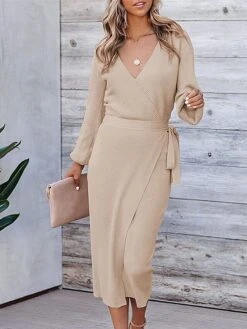 Women's Sweater Dress Jumper Dress Casual Dress Midi Dress Warm Pure Color Outdoor Casual Daily Going Out V Neck Long Sleeve Lace Up 2023 Slim Black White Green S M L XL XXL 3XL -HANA Luxury Wear Shop kinomv1695030480290