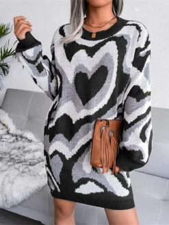 Women's Sweater Dress Jumper Dress Casual Dress Mini Dress Fashion Color Block Heart Outdoor Daily Vacation Going Out Crew Neck Long Sleeve 2023 Loose Fit Black Brown Khaki S M L -HANA Luxury Wear Shop kjhuzv1694756608013