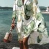 Women's Shirt Dress Casual Dress Swing Dress Mini Dress Outdoor Daily Vacation Polyester Fashion Casual Shirt Collar Button Print Long Sleeve Summer Spring Fall 2023 Loose Fit Green Leaf S M L XL 2XL