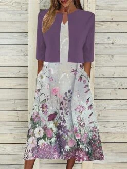 Women's Two Piece Dress Set Casual Dress Tank Dress Outdoor Daily Fashion Streetwear Pocket Print Midi Dress V Neck 3/4 Length Sleeve Floral Regular Fit Navy Blue Blue Purple Summer Spring S M L XL -HANA Luxury Wear Shop kkcfmo1689736428875