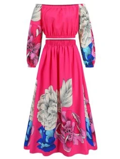 Women's Two Piece Dress Set Casual Dress Skirt Set Daily Going Out Casual Ruched Print Long Dress Maxi Dress Off Shoulder Long Sleeve Floral Regular Fit Blue Green Rose Red Fall Winter S M L XL XXL -HANA Luxury Wear Shop kkjidi1692339428573