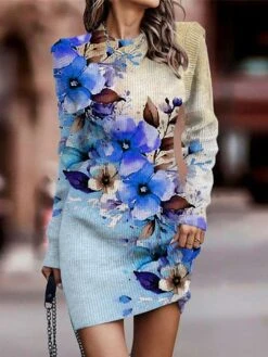 Women's Sweater Dress Winter Dress Jumper Dress Mini Dress Fashion Floral Outdoor Daily Date Going Out Crew Neck Long Sleeve Print 2023 Regular Fit Pink Blue Khaki S M L XL XXL 3XL -HANA Luxury Wear Shop kknksw1694429062184