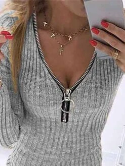 Women's Sweater Dress Jumper Dress Casual Dress Mini Dress Warm Pure Color Outdoor Casual Daily Going Out V Neck Long Sleeve Zipper 2023 Slim Gray S M L XL -HANA Luxury Wear Shop kktfqq1695279237313
