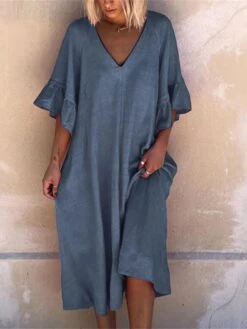 Women's Casual Dress Cotton Linen Dress Swing Dress Midi Dress Cotton Blend Basic Casual Outdoor Daily V Neck Ruffle Patchwork Half Sleeve Summer Spring 2023 Loose Fit Light Blue Pink Blue Plain S M -HANA Luxury Wear Shop kkulvj1677045653543