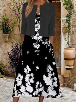 Women's Two Piece Dress Set Casual Dress Tank Dress Outdoor Daily Vintage Ethnic Pocket Print Midi Dress V Neck 3/4 Length Sleeve Floral Print Loose Fit Black White Pink Summer Spring S M L XL XXL -HANA Luxury Wear Shop kkvdgz1689736348383