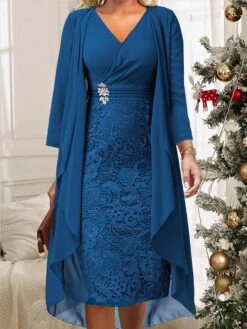 Women's Two Piece Dress Set Casual Dress Lace Dress Outdoor Daily Fashion Elegant Lace Patchwork Midi Dress V Neck Long Sleeve Plain Regular Fit Wine Blue Sky Blue Fall Winter S M L XL XXL -HANA Luxury Wear Shop klqjjr1696996490555