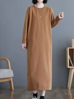 Women's Casual Dress Cotton Linen Dress T Shirt Dress Tee Dress Midi Dress Polyester Basic Classic Outdoor Daily Vacation Crew Neck Pocket 3/4 Length Sleeve Fall Autumn 2023 Loose Fit ArmyGreen Black -HANA Luxury Wear Shop klwaoq1693366311181