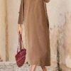 Women's Casual Dress Cotton Linen Dress T Shirt Dress Tee Dress Midi Dress Polyester Basic Classic Outdoor Daily Vacation Crew Neck Pocket 3/4 Length Sleeve Fall Autumn 2023 Loose Fit ArmyGreen Black -HANA Luxury Wear Shop kmfdfc1693447406088