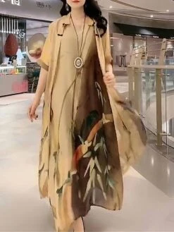 Women's Two Piece Dress Set Casual Dress Swing Dress Daily Holiday Fashion Casual Print Long Dress Maxi Dress Crew Neck 3/4 Length Sleeve Leaf Floral Loose Fit Yellow Red Dark Green Summer Spring M L -HANA Luxury Wear Shop kmgbvo1691463804021