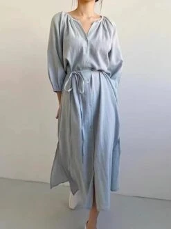 Women's Casual Dress Cotton Linen Dress Loose Dress Midi Dress Linen / Cotton Blend Fashion Daily Outdoor Daily Vacation V Neck Lace Up Button Long Sleeve Fall Autumn 2023 Loose Fit Black Blue Apricot -HANA Luxury Wear Shop kmjrom1692955813164