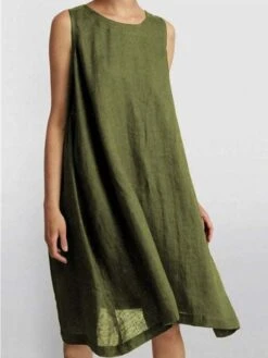 Women's Casual Dress Cotton Linen Dress Swing Dress Midi Dress Cotton Blend Basic Casual Outdoor Daily Crew Neck Ruched Sleeveless Summer Spring 2023 Loose Fit Pink Blue Brown Pure Color S M L XL 2XL -HANA Luxury Wear Shop knrpdu1677657846081