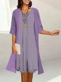 Women's Two Piece Dress Set Casual Dress Print Dress Outdoor Daily Fashion Elegant Print Midi Dress Crew Neck 3/4 Length Sleeve Geometric Loose Fit Yellow Pink Blue Summer Spring S M L XL XXL -HANA Luxury Wear Shop knvurx1689736239717