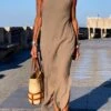 Women's Casual Dress Cotton Linen Dress Shift Dress Midi Dress Linen / Cotton Blend Fashion Basic Outdoor Daily Vacation One Shoulder Split Sleeveless Summer Spring Fall 2023 Loose Fit Khaki Plain S -HANA Luxury Wear Shop kojlzn1692238264862