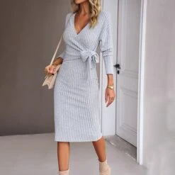 Women's Sweater Dress Winter Dress Jumper Dress Midi Dress Lace Up Daily Date Going Out Fashion Basic V Neck Long Sleeve 2023 Slim Green Dark Grey Beige Color S M L XL Size -HANA Luxury Wear Shop kovnbf1697696846104