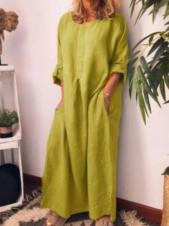 Women's Casual Dress Cotton Linen Dress Shift Dress Maxi Long Dress Bamboo Fashion Modern Outdoor Daily Vacation Crew Neck Pocket Long Sleeve Summer Spring Fall 2023 Regular Fit Black Yellow Wine -HANA Luxury Wear Shop kovvpj1682673906121