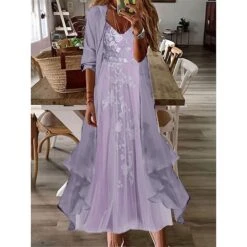 Women's Two Piece Dress Set Casual Dress Lace Dress Outdoor Daily Fashion Elegant Lace Ruffle Long Dress Maxi Dress V Neck 3/4 Length Sleeve Floral Plain Loose Fit Pink Light Purple Summer Spring S M -HANA Luxury Wear Shop kowfjn1684292996193