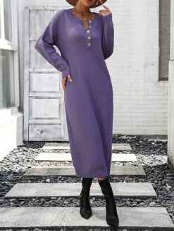 Women's Sweater Dress Jumper Dress Casual Dress Midi Dress Active Plain Outdoor Casual Holiday Vacation Crew Neck Long Sleeve Button 2023 Loose Fit Black White Purple S M L XL -HANA Luxury Wear Shop kownal1697595532635