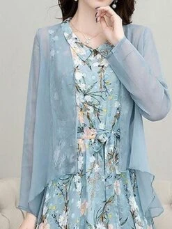 Women's Two Piece Dress Set Print Dress Outdoor Daily Modern Casual Lace Up Ruched Midi Dress V Neck Long Sleeve Floral Regular Fit Black Pink Blue Summer Spring M L XL XXL XXXL -HANA Luxury Wear Shop kqdvaf1678430835201