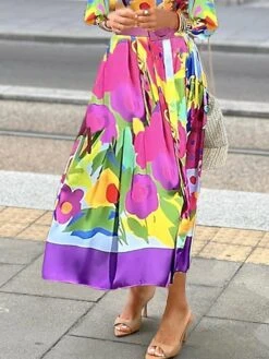 Women's Shirt Dress Casual Dress Midi Dress Outdoor Daily Vacation Polyester Fashion Modern Shirt Collar Button Print Long Sleeve Summer Spring Fall 2023 Loose Fit Purple Floral S M L XL 2XL -HANA Luxury Wear Shop kqjxzq1690966324982