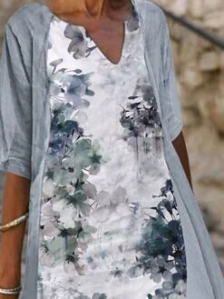 Women's Dress Set Two Piece Dress A Line Dress Midi Dress Light Blue Gray Half Sleeve Floral Print Summer Spring V Neck Elegant 2023 S M L XL XXL 3XL -HANA Luxury Wear Shop kqpugn1653363829251
