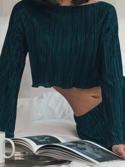 Women's Two Piece Dress Set Casual Dress Skirt Set Outdoor Daily Fashion Streetwear Pleated Midi Dress Crew Neck Long Sleeve Plain Regular Fit Blue Green Rose Red Fall Winter S M L -HANA Luxury Wear Shop krenom1693534945995