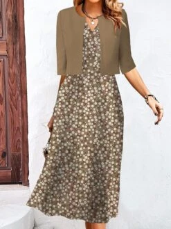 Women's Two Piece Dress Set Casual Dress Tank Dress Outdoor Daily Fashion Streetwear Pocket Print Midi Dress V Neck 3/4 Length Sleeve Floral Regular Fit Blue Green Khaki Summer Spring S M L XL XXL -HANA Luxury Wear Shop krjpsg1690256432346