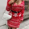 Women‘s Christmas Sweater Dress Jumper Dress Winter Dress Warm Geometric Tree Print Outdoor Christmas Casual Daily V Neck Long Sleeve 2023 Loose Fit Red S M L XL