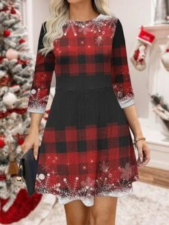 Women‘s Christmas Sweater Dress Jumper Dress Winter Dress Warm Plaid Snowflake Outdoor Christmas Daily Holiday Crew Neck Long Sleeve 2023 Regular Fit Wine Purple Green S M L XL XXL 3XL -HANA Luxury Wear Shop ktkuir1695620952002