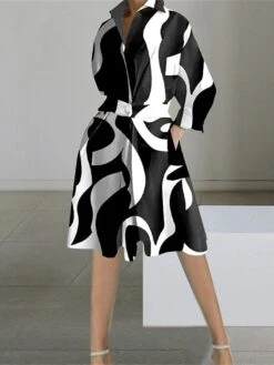 Women's Shirt Dress Casual Dress Swing Dress Midi Dress Outdoor Daily Vacation Polyester Fashion Casual Shirt Collar Button Pocket Long Sleeve Spring Fall Winter 2023 Loose Fit Black White Yellow -HANA Luxury Wear Shop ktzetw1695027662947