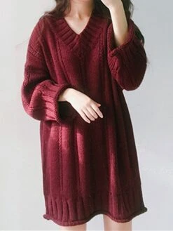Women's Sweater Dress Jumper Dress Knit Dress Mini Dress Warm Pure Color Outdoor Home Casual Vacation V Neck Long Sleeve 2023 Loose Fit Black Burgundy Apricot One Size -HANA Luxury Wear Shop kubovo1694166174930