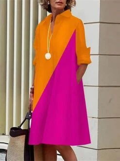 Women's Shirt Dress Casual Dress Midi Dress Outdoor Vacation Polyester Classic Casual Shirt Collar Pocket Long Sleeve Summer Spring Fall 2023 Loose Fit Yellow Dark Pink Red Polka Dot Color Block S M -HANA Luxury Wear Shop kuchvy1677046739370