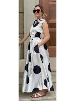 Women's Shirt Dress Casual Dress Swing Dress Maxi Long Dress Outdoor Office Daily Satin Fashion Modern Shirt Collar Button Pocket Sleeveless Summer Spring 2023 Regular Fit Black White Green Polka Dot -HANA Luxury Wear Shop kucspb1689836240191