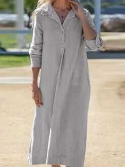 Women's Shirt Dress Casual Dress Cotton Linen Dress Maxi Long Dress Cotton Basic Classic Outdoor Daily Vacation Shirt Collar Button Split Long Sleeve Summer Spring Fall 2023 Loose Fit Wine Navy Blue