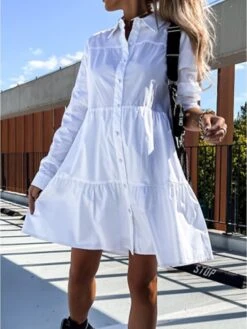 Women's Shirt Dress Casual Dress Swing Dress Midi Dress Outdoor Daily Vacation Cotton Basic Modern Shirt Collar Ruffle Button Long Sleeve Fall Winter 2023 Regular Fit ArmyGreen Black White Pure Color -HANA Luxury Wear Shop kuhedl1695813922850