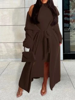 Women's Two Piece Dress Set Casual Dress Sheath Dress Daily Going Out Fashion Streetwear Lace Up Midi Dress Stand Collar Long Sleeve Plain Slim Black Yellow Wine Fall Winter S M L XL XXL -HANA Luxury Wear Shop kupzao1693295536982