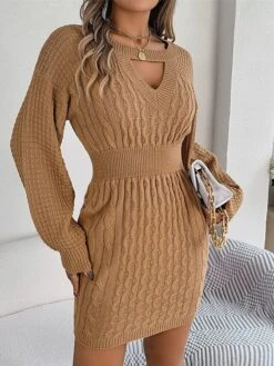 Women's Sweater Dress Jumper Dress Casual Dress Mini Dress Fashion Pure Color Outdoor Daily Going Out Crew Neck Long Sleeve Cut Out 2023 Loose Fit Wine Khaki Gray S M L -HANA Luxury Wear Shop kurtjm1695643836544