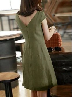 Women's Casual Dress Cotton Linen Dress A Line Dress Midi Dress Cotton Blend Casual Outdoor Vacation Crew Neck Zipper Short Sleeve Summer Spring 2023 Regular Fit ArmyGreen Light Green Pink Plain S M -HANA Luxury Wear Shop kuzdgd1683797305984