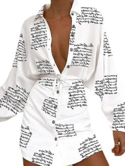 Women's Shirt Dress Wrap Dress Mini Dress Winter Dress Daily Vacation Polyester Casual Shirt Collar Button Print Long Sleeve Spring Fall Winter 2022 Regular Fit White Red Geometric Letter Stripe S M -HANA Luxury Wear Shop kvaing1631270731713